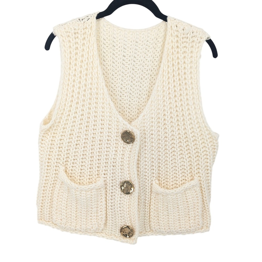 Boho Chunky Knit Vest Womens Medium Cream Gold Button Granny Cottagecore Neutral
